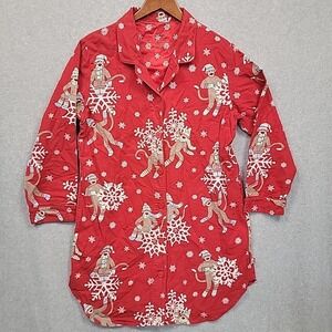 Nick & Nora Sock Monkey Size L Red Flannel Pajamas Sleep Shirt Pockets Snow Cozy